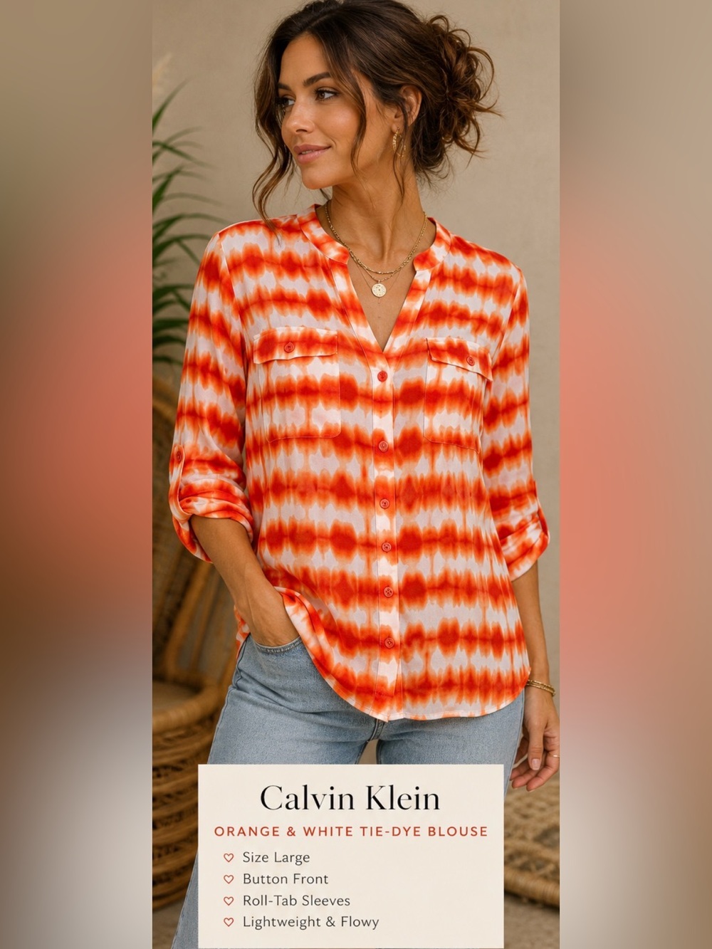 Calvin Klein Orange White Tie-Dye Button Front Blouse Large. Long or 3/4 sleeve